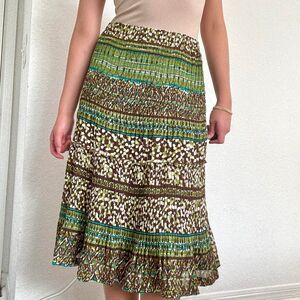 SUNNY LEIGH Vintage Green and Brown Printed Midi Skirt